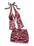 MakeMeChic Women's Summer 2 Piece Sets Mesh Open Back Halter Top Camisole Pencil Mini Skirt Set Multicolor Medium