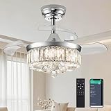 DuMaiWay 30' Chandelier Ceiling Fan with Light Crystal Modern Fandelier Reversible Ceiling Fan Dimmable Retractable Timer for Bedroom Dining Living Room Silver Chrome