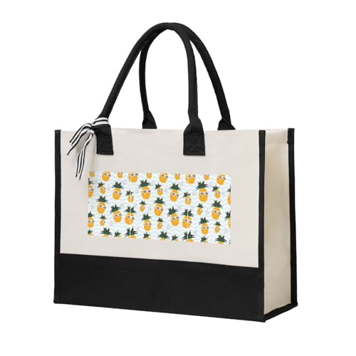 Sac fourre-tout en toile réutilisable grand cabas beige imprimé ananas femme