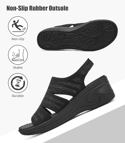 Image of Womens Wedge Sandals Platform Walking Sandals Open Toe Ankle Elastic Strap Casual Comfortable Summer Dressy