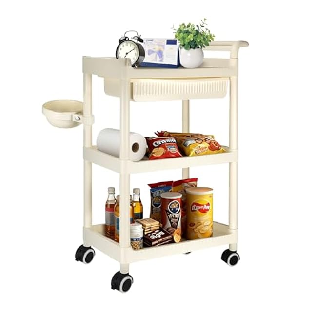 3 Tier Rolling Cart with Drawers, White Utility Carts for Kitchen, Laundry Room and Bedroom, 3 Tier Grocery Carts for Home and Office, Bathroom Organizers and Storage Rack on Wheels-CMpBKiJ6