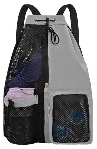 lifwimner Mochila de praia de malha com cordão molhado bolsa de piscina impermeável bolsa de natação mochila de academia para homens e mulheres, Cinza, Large, Mochila de malha com cordão e bolso