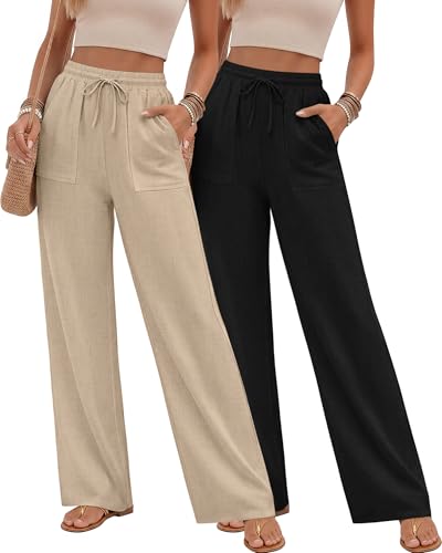 Neer 2 Pack Women's Linen Long Pants, Summer Drawstring Elastic