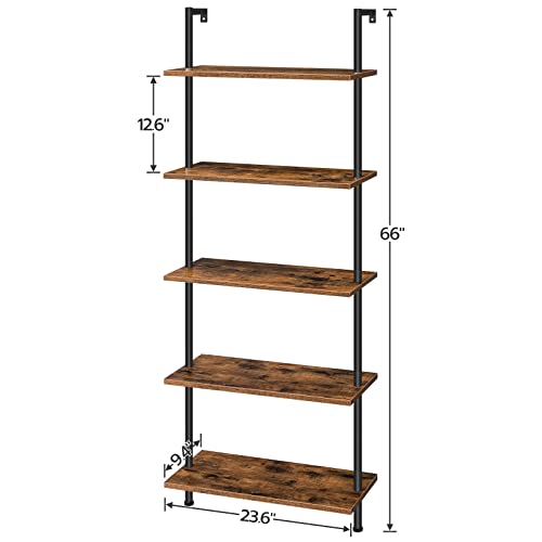 Hoobro Diy Ladder Shelf, 5-Tier Wall Mounted Bookshelf, Office Vertical Bookcase, Wooden Storage Shelves For Home Office, Bedroom, Rustic Brown And Black Bf53Cj01 #TOP2