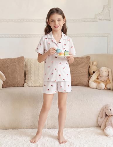 Image of Arshiner Girls Pajamas Sets Short Sleeve Kids Pjs Button Down Sleepwear | Cute Printed Pajamas for Little & Big Girl, Lightweight Comfy Fabric, 2-Piece Outfits, Perfect for Lounge Pajamas Party