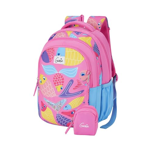 Image of Genie Finley Kids Backpacks, 15 inch Cute, Colourful Bags for Girls, Water Resistant and Lightweight, 3 Compartment with Happy Pouch, 20 Liters, Nylon Twill, Pink