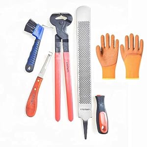 5Pcs Farrier Tool Value Package with Roll Bag, Horse Shoe Trimmer Scissor Tool, Horse Shoe Knife, Farrier Rasp File and Rubber Handle, Horseshoe Brush, Horseshoe Knife, Horseshoe Knife
