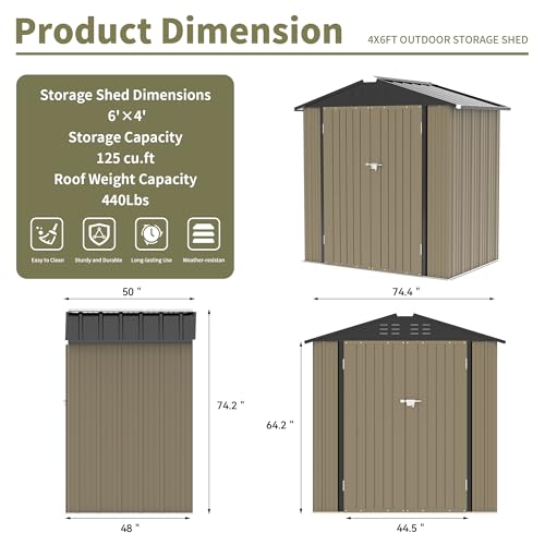 سقيفة تخزين خارجية قابلة للقفل من دبليو دبليو آي بأبعاد 189 (الطول) × 188 (العرض) × 122 (الارتفاع) سم، سقيفة تخزين من الستيل مضادة للتآكل، سقيفة أدوات مفيدة للحديقة الخلفية (6 × 4 قدم)