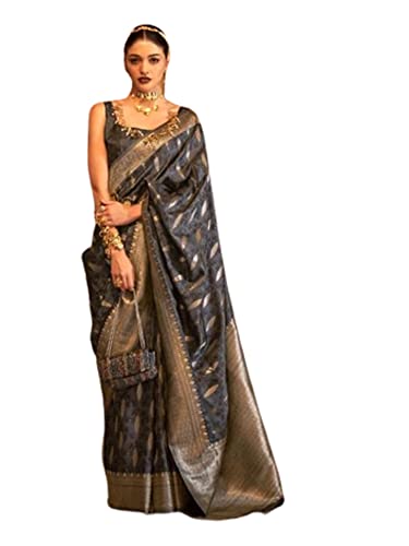 Sari en satin pur tissé 8670 gris vêtement traditionnel semi-cousu