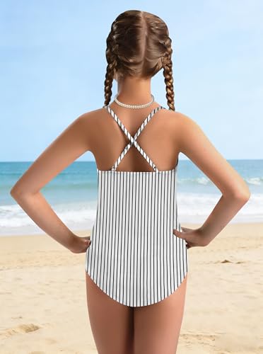 Image of Girls Swimsuit Criss Cross Ruched One Piece Bathing Suit with Printed Mesh Cover Ups Adjustable Straps Swimwear 7-16Y