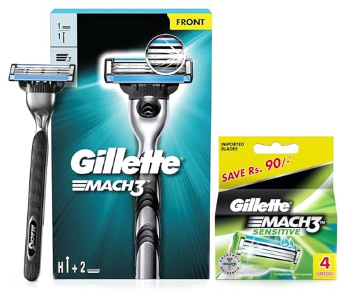 Image of Gillette Mach3 Sensitive Blades - 4 Cartridges & GILLETTE Mach 3 Shaving Razor (Handle + 2 Cartridge)