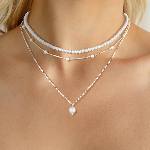 DIBOLA Gold Jewelry Set for Women, Dainty Layered 14K Gold/Silver Pearl Choker Necklaces and Earring Set Pearl Earrings Bracelets Wedding Bride Jewelry2