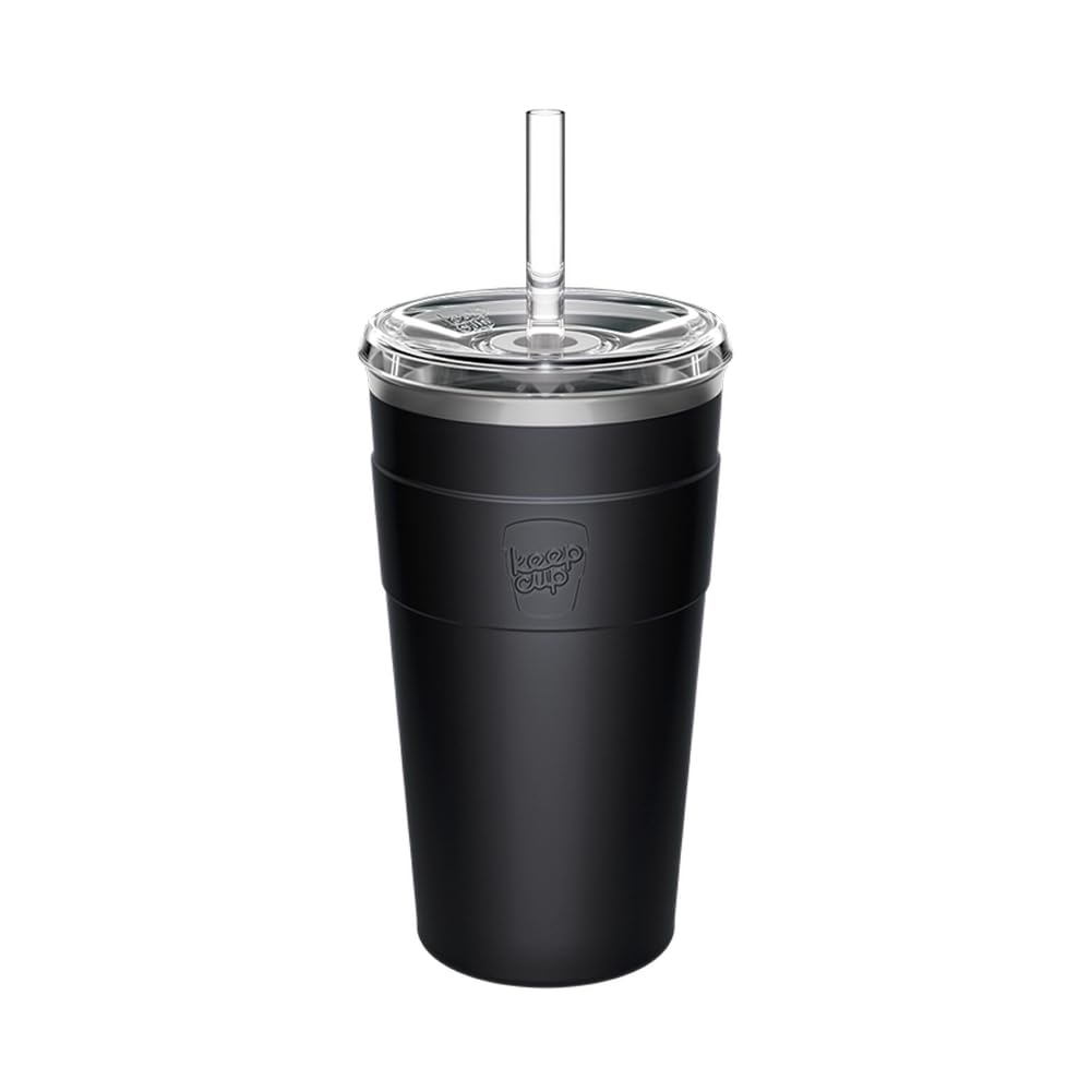 Keepcup Black Thermal Cold Cup - Insulated Stainless Steel Reusable Coffee Cup With Lid And Straw - 16Oz/454Ml