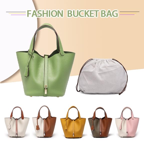 Genuine Leather Lock Design Bucket Bag with Reinforced Stitching, Vegetable Basket Handbag Bags Handbag3