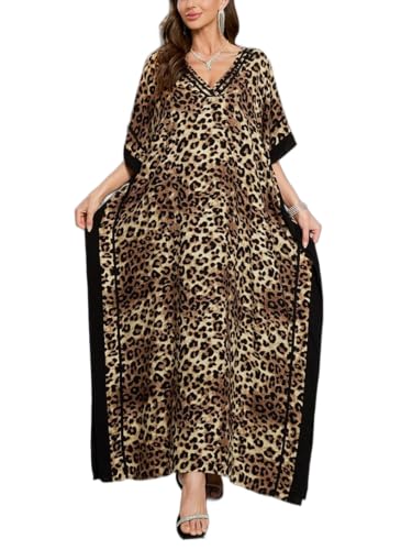 Kaftan Dresses for Women V Neck Batwing Sleeve Plus Size Caftans Swimwear Coverups Maxi Beach Dresses Leopard Print