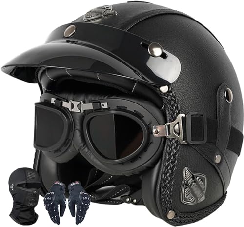 Casco De Motocicleta Jet Vintage Con Gafas Para Hombres Y Mujeres, Casco Retro De Media Concha Para Adultos, Aprobado Por ECE, Cuencos De Ciclomotor Abiertos 3/4 Montar Al Aire Libre I,XL=59-60CM