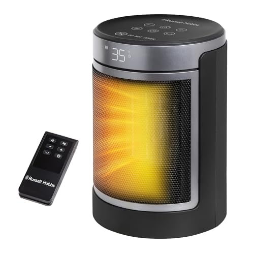 Russell Hobbs Space Heater in Black & Silver 1500W Silent Portable Oscillating Ceramic Round Electric Heater, Low Energy Digital Display, 4 Modes, 24hr Auto Timer, Overheat Protection, RHCH2002S