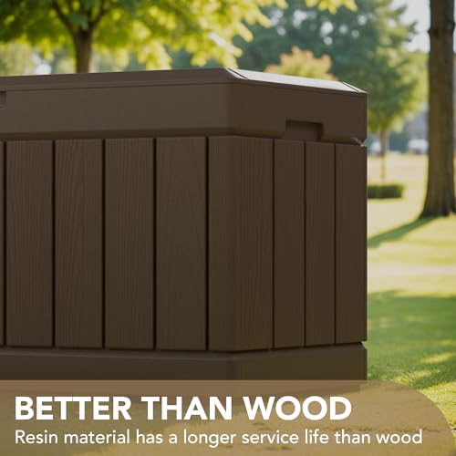 Image of Devoko 85 Gallon Deck Box Lockable Resin Outdoor Storage Box waterproof Outdoor Container for Patio Furniture Cushions, Pillow (Brown)