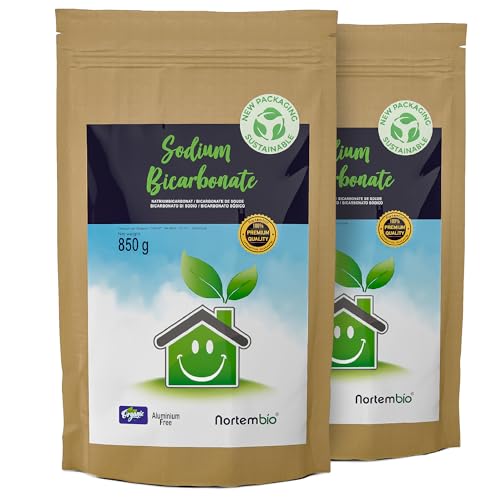 Nortembio Bicarbonato de Sodio Sin Aluminio 2 x 850 g. 100% Natural para Limpieza Multiusos. Elimina Olores y Suciedad. Cocina, Baño, Textiles. E-Book Incluido