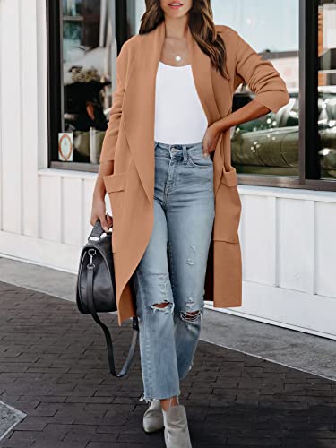 Logene Women's Casual Long Sleeve Draped Open Front Jackets Long Knitted Cardigan Sweater-5L80-Rouxing-L Khaki Pink #TOP1