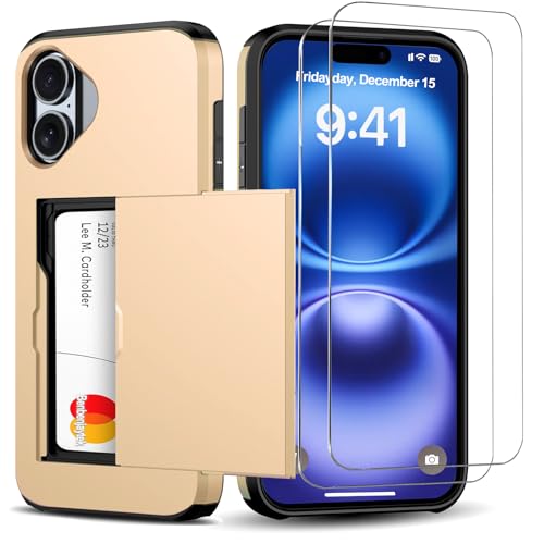 Étui portefeuille iPhone 16 antichoc avec fente pour carte cachée et 2 verres trempés