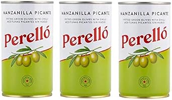 Perello Manzanilla Spicy Pitted Green Olives | Premium Individually Hand Processed Olives | Marinated with Guindilla Chilies | Gluten-Free | Imported from Spain | 150g Tin Pack of 3