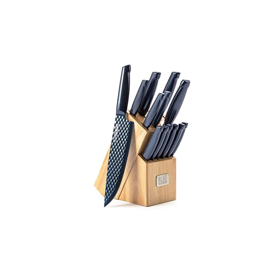 Blue-Diamond-Sharp-Stone-Nonstick-Stainless-Steel-Cutlery-14-Piece-Wood-Knife-Block-Set-with-Chef-Steak-Knives-and-more-Diamond-Texture-Blade-Dishwasher-Safe-Knives-Blue Blue Diamond Sharp Stone Nonstick Stainless Steel Cutlery, 14 Piece Wood Knife Block Set with Chef Steak Knives and more, Diamond Texture Blade, Dishwasher Safe Knives, Blue