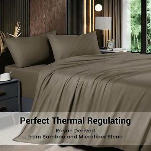 Image of Shilucheng 4 Piece King Sheet Sets, Cooling Sheets, Blend Rayon Derived from Bamboo, Deep Pocket Up to 16 inch, Breathable & Soft Bed Sheets, Hotel Silky Bedding Set, Taupe
