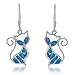 Sterling Silver Created Blue Opal Cat Dangle Earrings