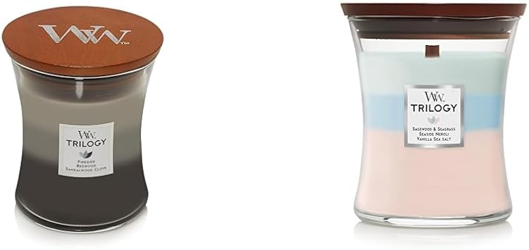 WoodWick Medium Hourglass Candle, Warm Woods - Premium Soy Blend Wax, Pluswick Innovation Wood Wick & Medium Hourglass Candle, Oceanic - Premium Soy Blend Wax, Pluswick Innovation Wood Wick
