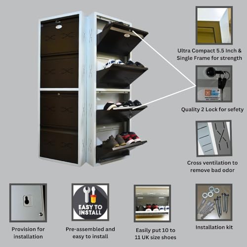 Image of I Metal Shoe Rack I Double Lock I Slim and Wall Mounted I 4 Shelves (Brown Colour) I Coad LC 2S-04 BR I Height 58 Inches, Width 20 Inches, Depth 5.5 InchesI 3 Years Warranty.
