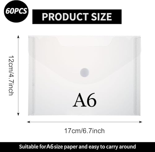Aselected 60 Stück Dokumentenmappe mit Druckknopf A6 Dokumententasche Transparent Sichttasche Sammelmappe A6 Druckknopf für Organizer Dokumente