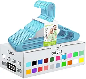 Eldorado Hangers for Adult Size Clothing, Plastic, Ideal for Everyday Standard Use Clothes, Shirts, Blouses, T-Shirts, Dresses, Jackets, Suits. Color - Light Blue, Pack - 200 PCS.
