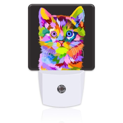 Image of Cat on Pop Art Night Light Plug into Wall, Cute Colorful Cat Dusk to Dawn Night Light, 0.5w Energy Saving Sleep Friendly Nightlights for Kids Boys Girls Home Decor