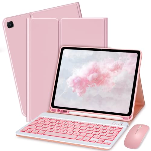 Bxomteng Keyboard Case for Samsung Galaxy Tab S6 Lite 10.4 inch - 7 Colors Backlit Keyboard Cover and Mouse (Pink)