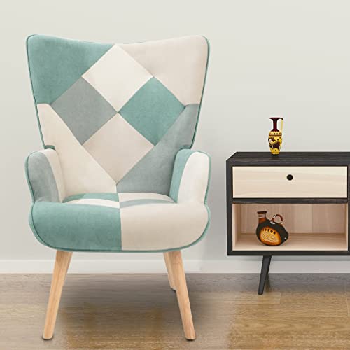 Fussbric Accent Chair With Ottoman, Living Room Chair And Ottoman Set, Modern Colorful Patchwork Reading Chair With Armrests And Solid Wood Legs,Napping Armchair,Blue #TOP1