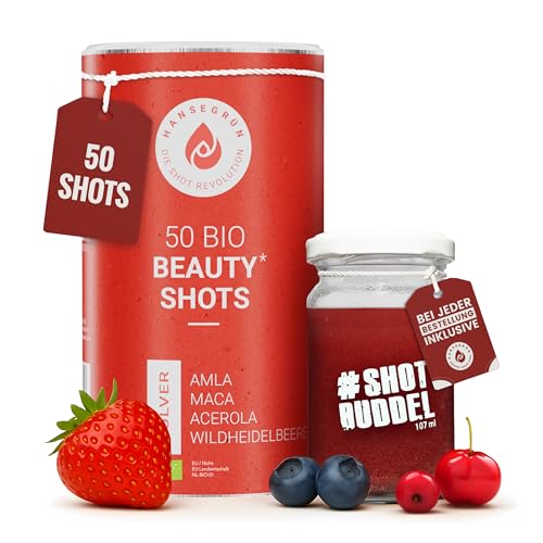 Hansegrün - Bio Frauen Beauty Shots (50 Stk.) - Superfood-Pulver für Frauengesundheit & Kollagenbildung - Amla-Fruchtfleisch Maca & Acerola - 100% echte Zutaten zur täglichen Zubereitung