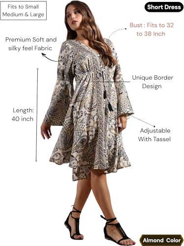 KE KANHA EXPORTS Dress for Woman - Short Dress & Long Dress Latest Stylish Unique Border Design and Tassel Stretchable with Adjustable Drawstring fit and Flare Dress Beach wear