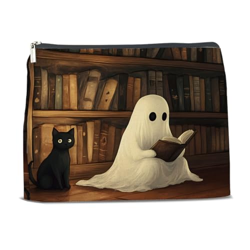 Kosmetiktasche für Damen, Gothic-Stil, Geisterkatze, gruselige Bibliothek, Geisterlese, Kosmetiktasche, Hexengeschenke für Halloween