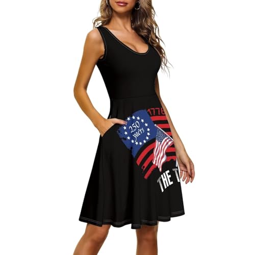 Image of Women Stylish Tank Dresses Sleeveless Round Neck Midi Casual Dress with Pocket for Summer