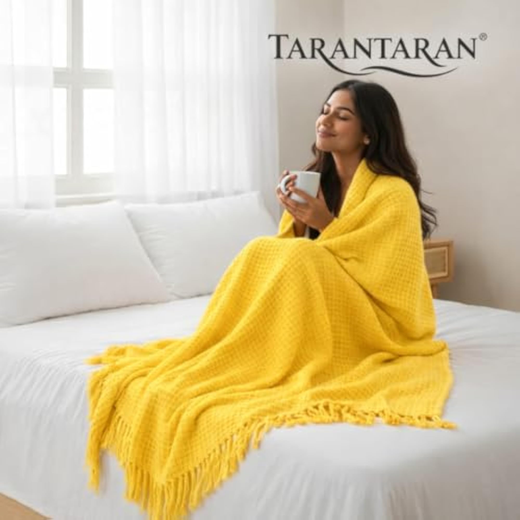 Stylish Yellow Decorative Blanket with Elegant Tassel Design