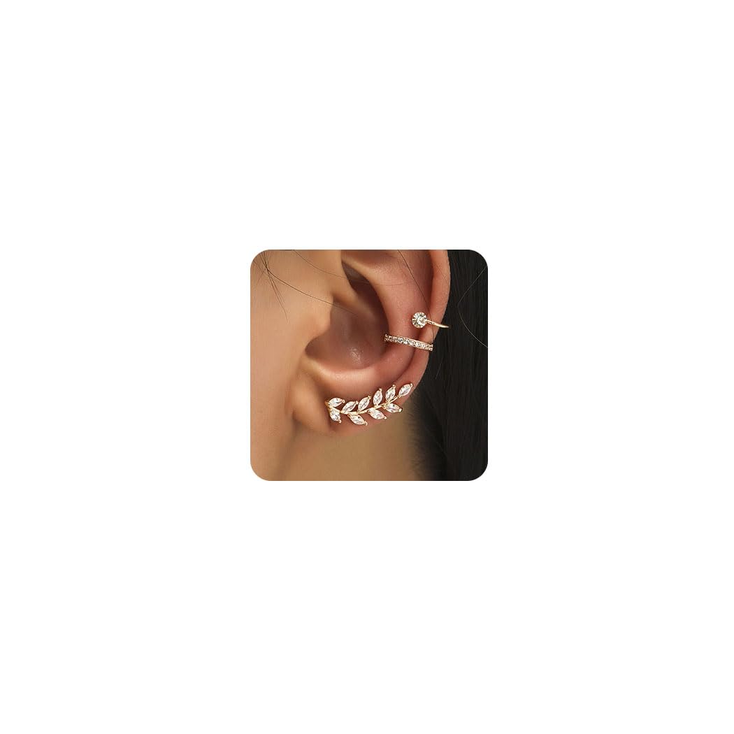 Cliory Clip on Earrings Leaf Earrings for Women Rhinestone Ear Clips Multiple Pierced Cartilage Ear Clips Jewelry for Women Christmas Gift