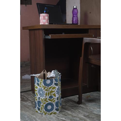 Image of Floral Hand Block Printed 3.3 Gallon Decorative Waste Basket - Eco-Friendly Cardboard Trash Can, Plastic-Free & Sustainable, Perfect for Christmas and Housewarming Gifts (1, Green Blue FLOWAR)
