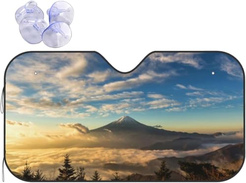カーサンシェード 朝 金雲 富士山 風景写真 カーフロントカバー 車用サンシェード 日よけ 紫外線対策 展開寸法 130x70cm 吸盤4個付 カーテン 遮光断熱 軽自動車