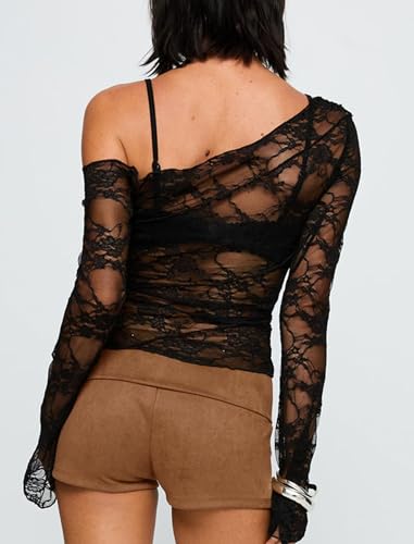 Womens Off The Shoulder Tops Lace Mesh Long Sleeve Going Out Shirts Crop Cute Y2K Fall Trendy 20254