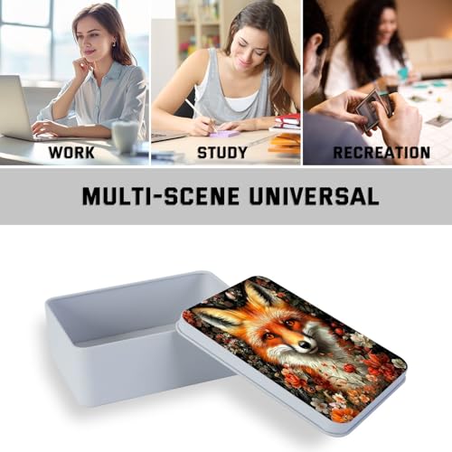 Image of Metal Tin Box with Lid,Multi-functional Storage Large Box Can Store Tea Biscuits Game Cards, Playing & Tarot Cards-Comes with 4 Magnetic Cord Clips,Fox Surrounded by Flowers