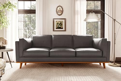 Image of Valencia Artisan Full Leather Sofa 88 inch - Pure Full Italian Nappa Leather Couch, Solid Wood Accent, Ultimate Comfort, Modern Grey