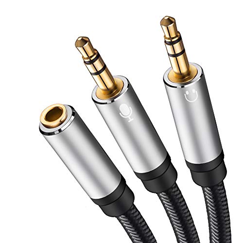 Jelly Tang Headphone Mic Splitter,Headphone Splitter For Computer 3.5mm Female to 2 Dual 3.5mm Male Headphone Mic Audio Y Splitter Cable Smartphone Headset to PC Adapter(1Ft/0.3M)