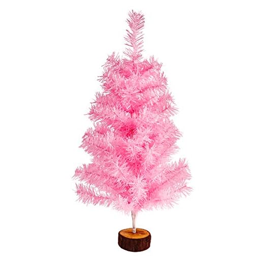 FINGOOO 2ft/60cm Artificial Christmas Tree with Wood Base, Tabletop DIY Xmas Home Indoor Decorations and Gift, Pink