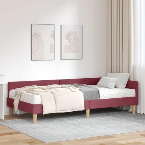 Image of mzdioop Corner Bed Frame with Mattress Grey Fabric, 2 Piece Set with Adjustable Headboard, Durable Plywood Frame, Breathable Foam Mattress